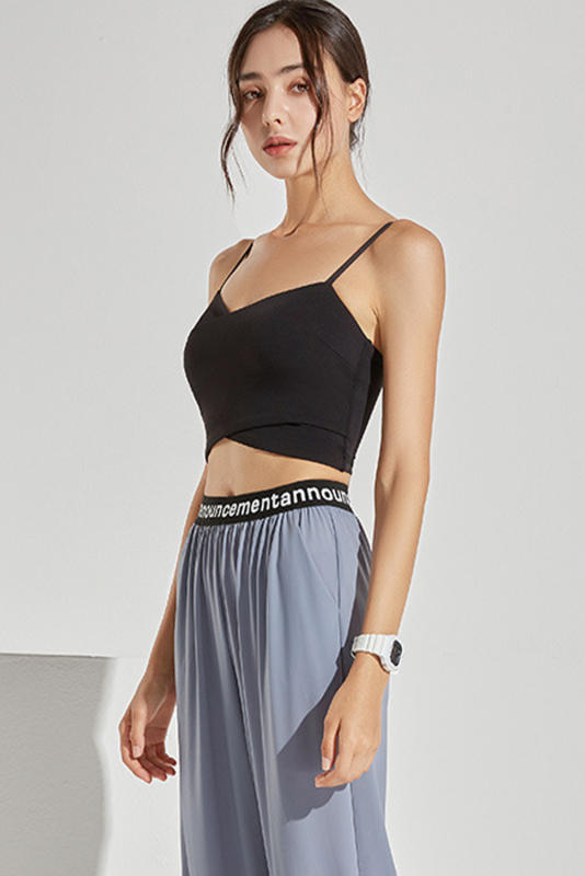 Black Solid Color Wrapped Spaghetti Straps Active Crop Top
