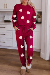 Red Valentine Heart Shaped Chenille Embroidered Two Piece Lounge Set
