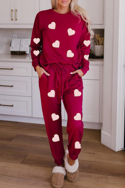 Red Valentine Heart Shaped Chenille Embroidered Two Piece Lounge Set