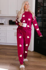 Red Valentine Heart Shaped Chenille Embroidered Two Piece Lounge Set