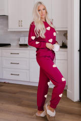Red Valentine Heart Shaped Chenille Embroidered Two Piece Lounge Set