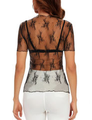 Black Jacquard Sheer Mesh Short Sleeve Top