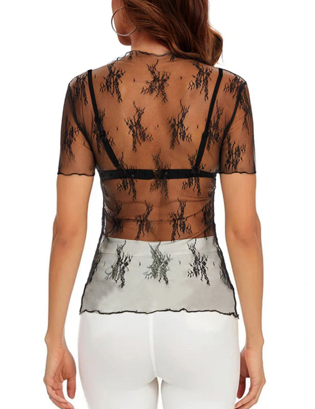 Black Jacquard Sheer Mesh Short Sleeve Top