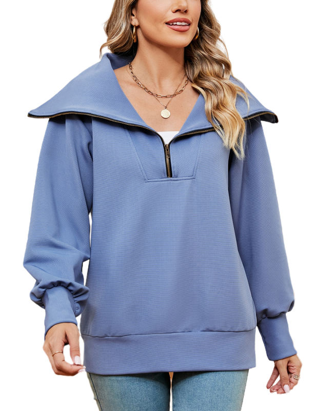 Blue Zipper-up Lapel Collar Pullover Sweatshirt