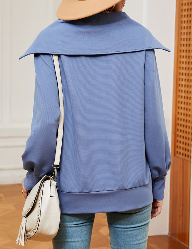 Blue Zipper-up Lapel Collar Pullover Sweatshirt