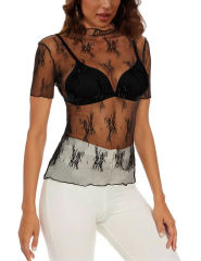 Black Jacquard Sheer Mesh Short Sleeve Top