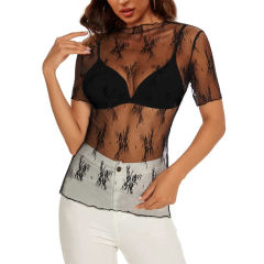 Black Jacquard Sheer Mesh Short Sleeve Top