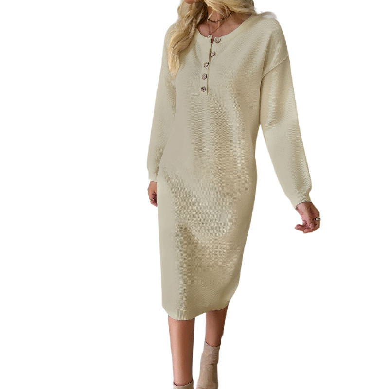 Apricot Button-up Round Neck Long Sleeve Sweater Dress