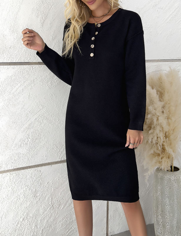 Black Button-up Round Neck Long Sleeve Sweater Dress