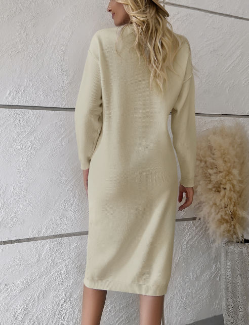 Apricot Button-up Round Neck Long Sleeve Sweater Dress