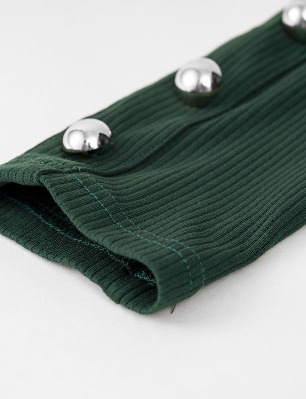 Dark Green Solid Color Button Long Sleeve Bodycon Dress