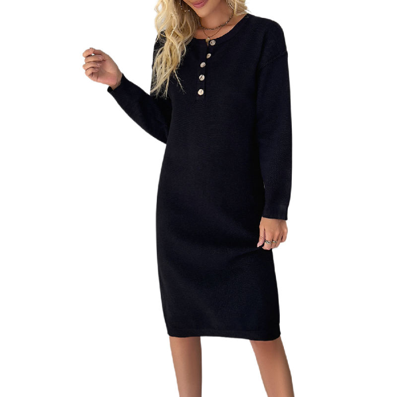 Black Button-up Round Neck Long Sleeve Sweater Dress