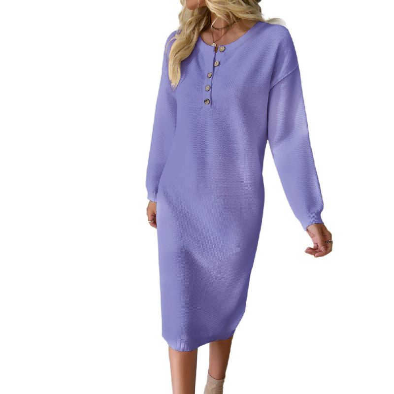 Purple Button-up Round Neck Long Sleeve Sweater Dress