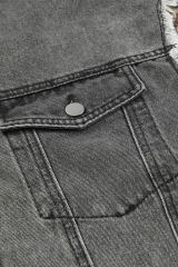 Medium Grey Plaid Patch Distressed Flap Pocket Denim Shacket