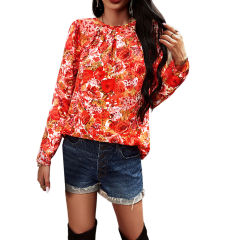 Red Floral Print Crew Neck Blouse