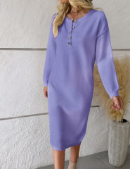 Purple Button-up Round Neck Long Sleeve Sweater Dress
