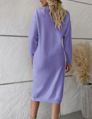Purple Button-up Round Neck Long Sleeve Sweater Dress