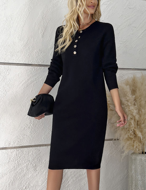Black Button-up Round Neck Long Sleeve Sweater Dress