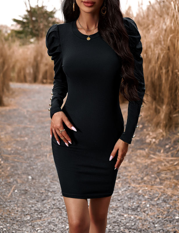 Black Solid Color Button Long Sleeve Bodycon Dress