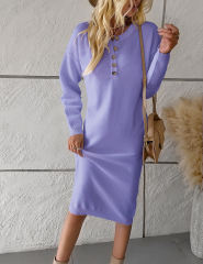 Purple Button-up Round Neck Long Sleeve Sweater Dress