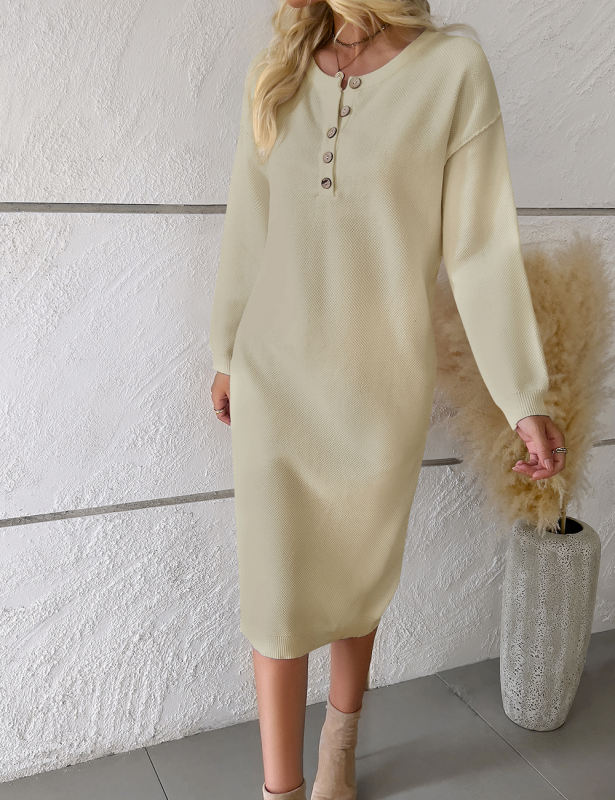 Apricot Button-up Round Neck Long Sleeve Sweater Dress
