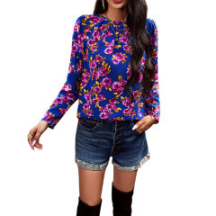 Blue Floral Print Crew Neck Blouse