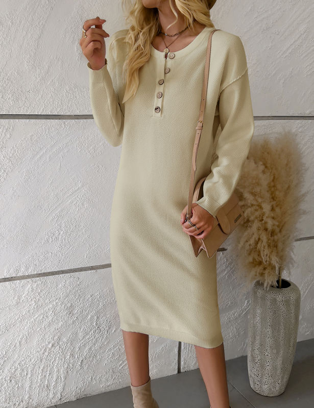 Apricot Button-up Round Neck Long Sleeve Sweater Dress
