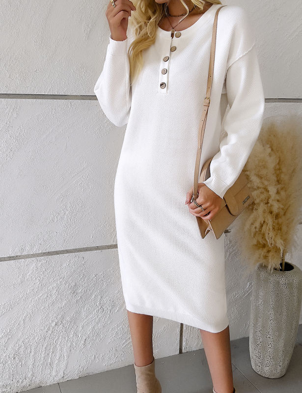 White Button-up Round Neck Long Sleeve Sweater Dress
