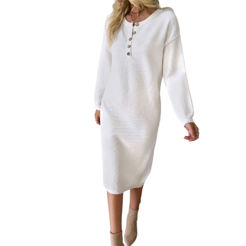 White Button-up Round Neck Long Sleeve Sweater Dress