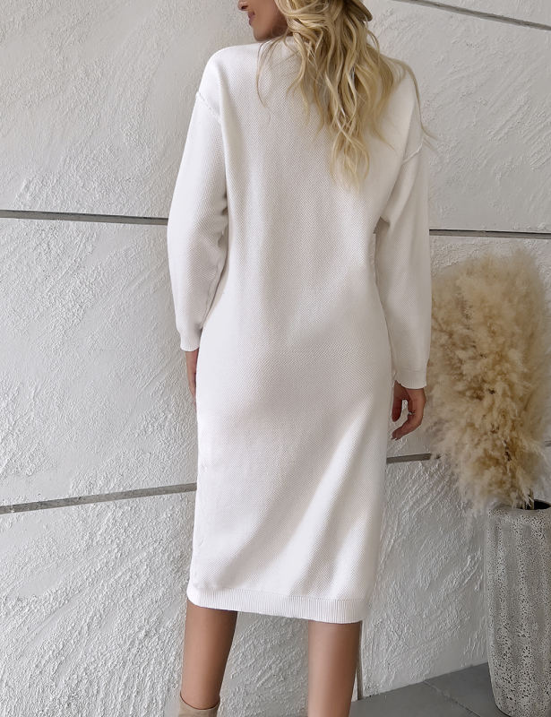 White Button-up Round Neck Long Sleeve Sweater Dress