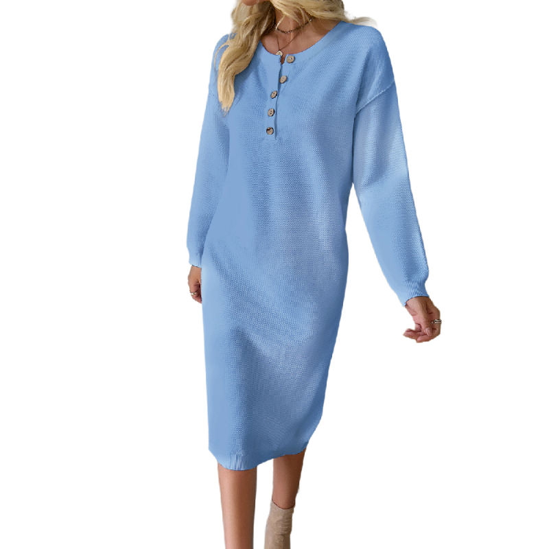 Blue Button-up Round Neck Long Sleeve Sweater Dress