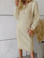 Apricot Button-up Round Neck Long Sleeve Sweater Dress
