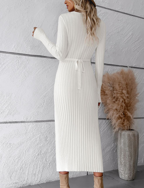 White Solid Color V Neck Long Sleeve Sweater Dress