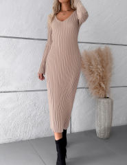 Khaki Solid Color V Neck Long Sleeve Sweater Dress