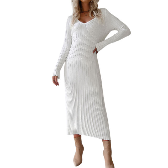 White Solid Color V Neck Long Sleeve Sweater Dress