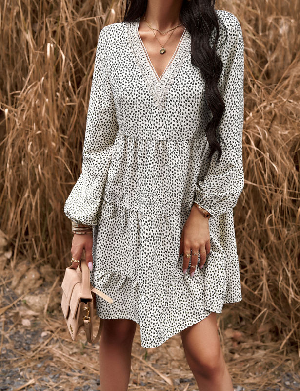 White Spliced Lace V Neck Tiered Print Dress