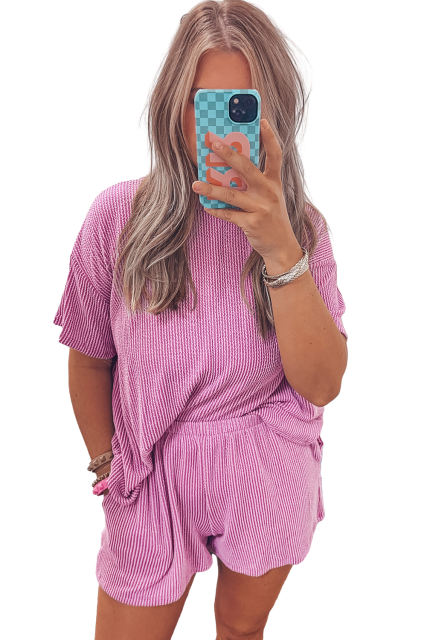 Ribbed Textured Knit Loose Fit Tee and Shorts Set