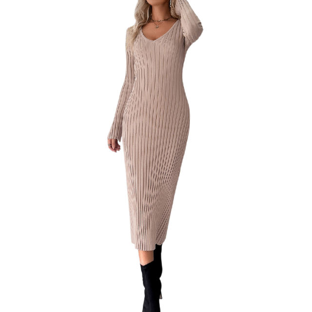 Khaki Solid Color V Neck Long Sleeve Sweater Dress