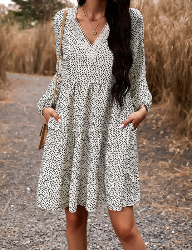 White Spliced Lace V Neck Tiered Print Dress