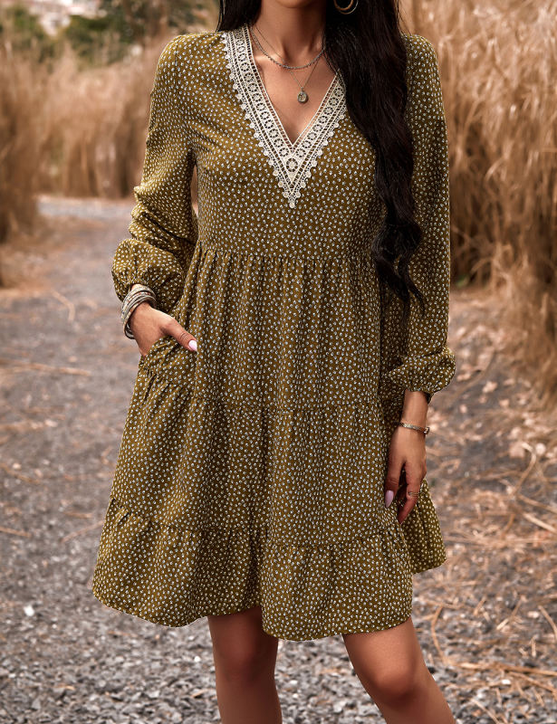 Brown Spliced Lace V Neck Tiered Print Dress