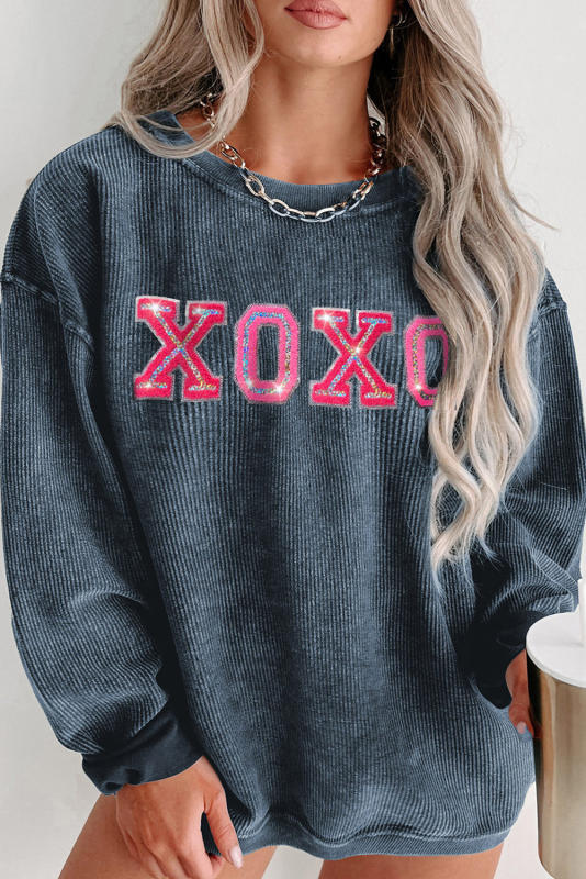 Blue Sequin XOXO Graphic Crewneck Corded Plus Sweatshirt