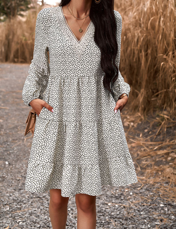 White Spliced Lace V Neck Tiered Print Dress