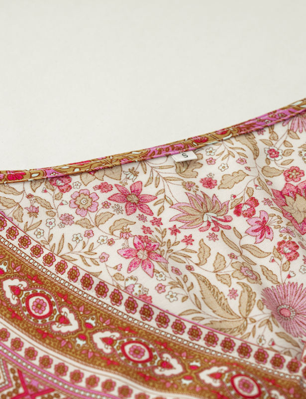 Pink Floral Print Tie Waist V Neck Long Dress