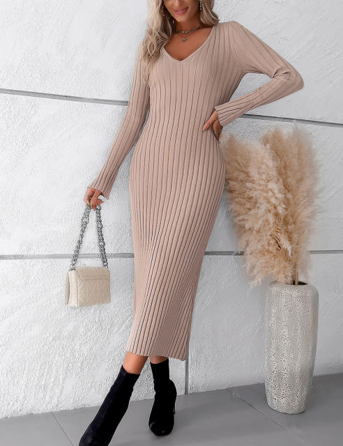 Khaki Solid Color V Neck Long Sleeve Sweater Dress
