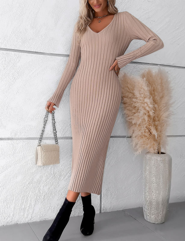 Khaki Solid Color V Neck Long Sleeve Sweater Dress