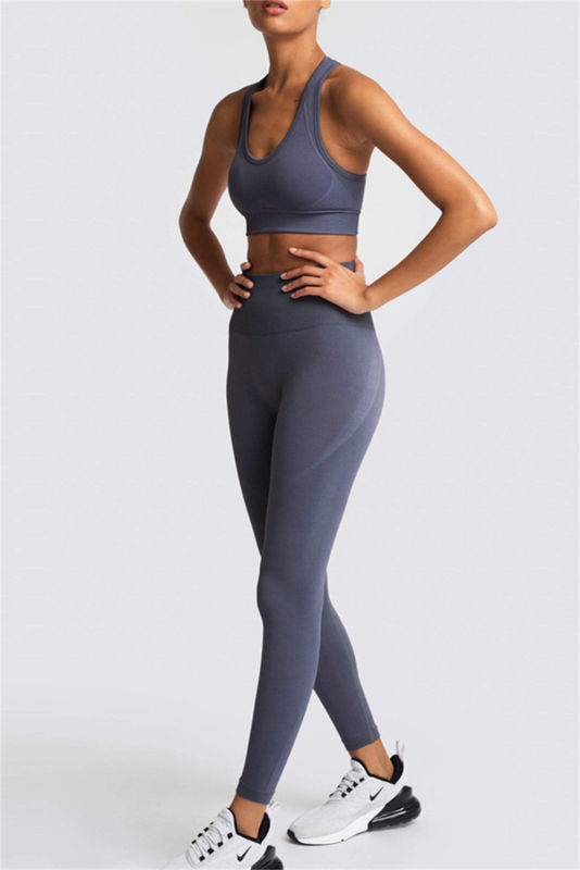 Dark Grey Solid Color Sports Bra and High Waist Leggings Active Set