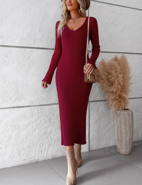 Wine Red Solid Color V Neck Long Sleeve Sweater Dress