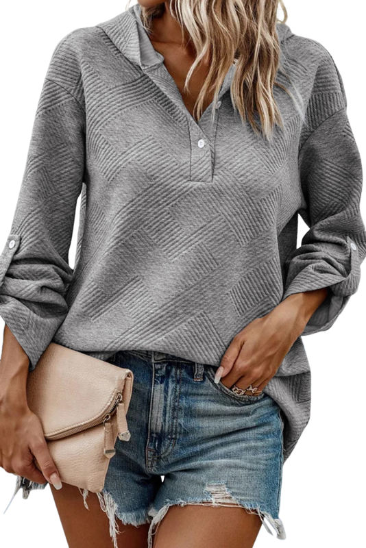 Medium Grey Textured Knit Pin-up Sleeve Pullover Hoodi