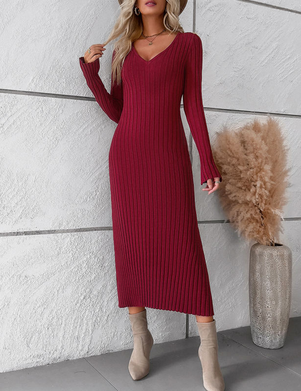 Wine Red Solid Color V Neck Long Sleeve Sweater Dress