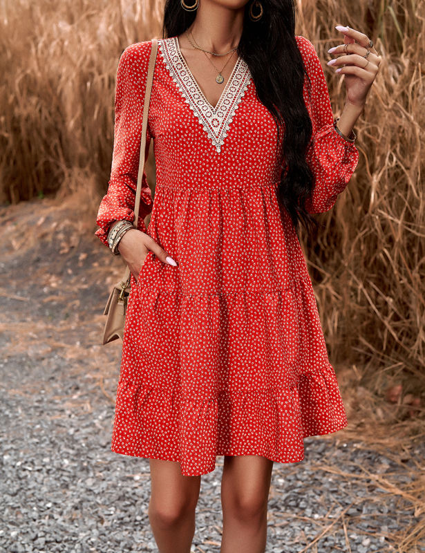 Red Spliced Lace V Neck Tiered Print Dress